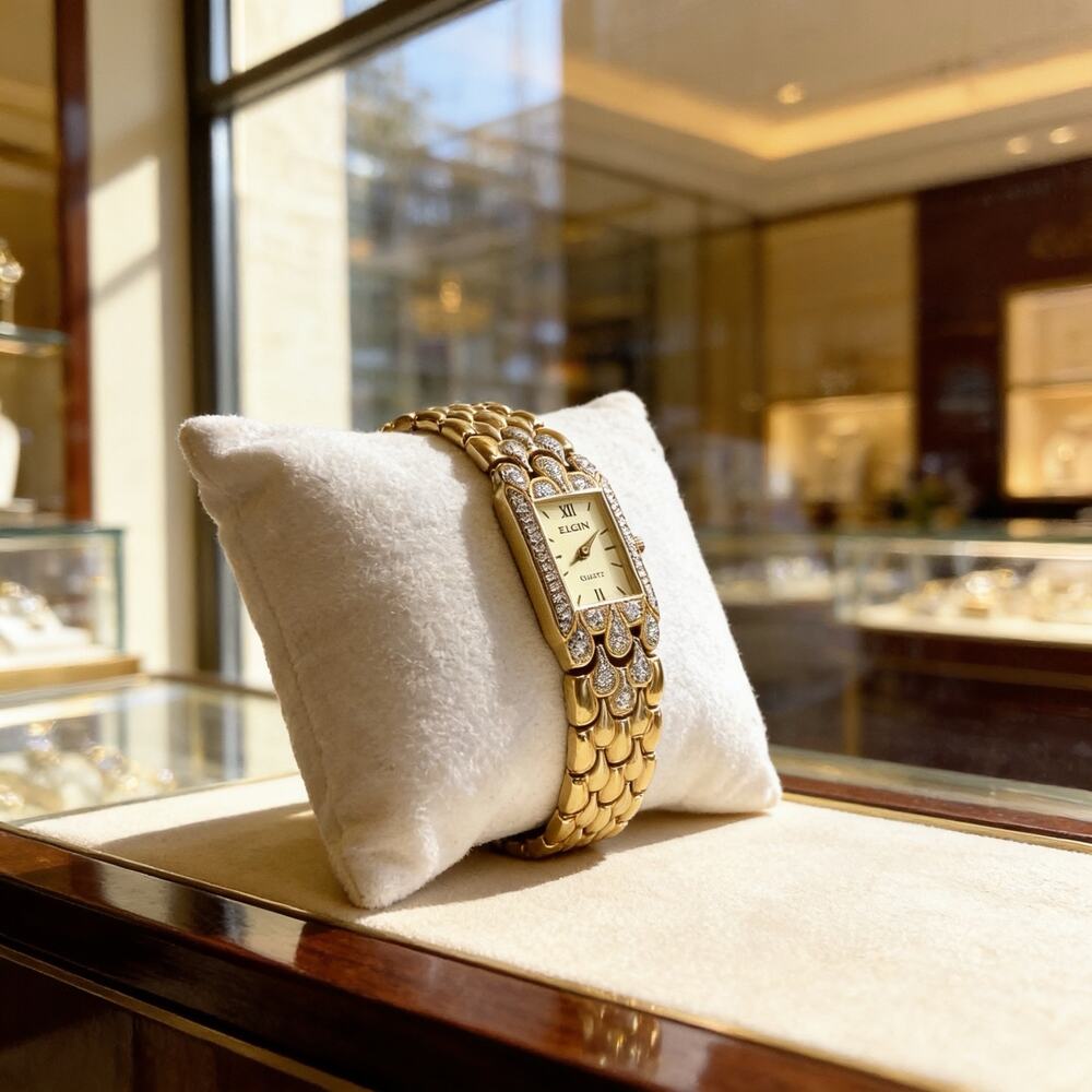 Vintage ELGIN Gold Tone & Rhinestones Bracelet Watch